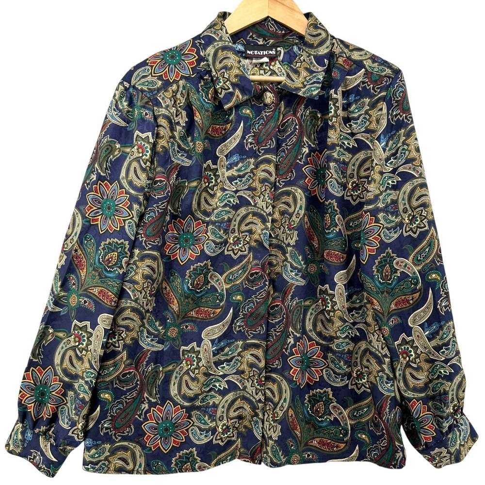 VTG Notations Blouse Paisley Print Long Sleeve‎ Button Down Shirt 14 Hippy 80s